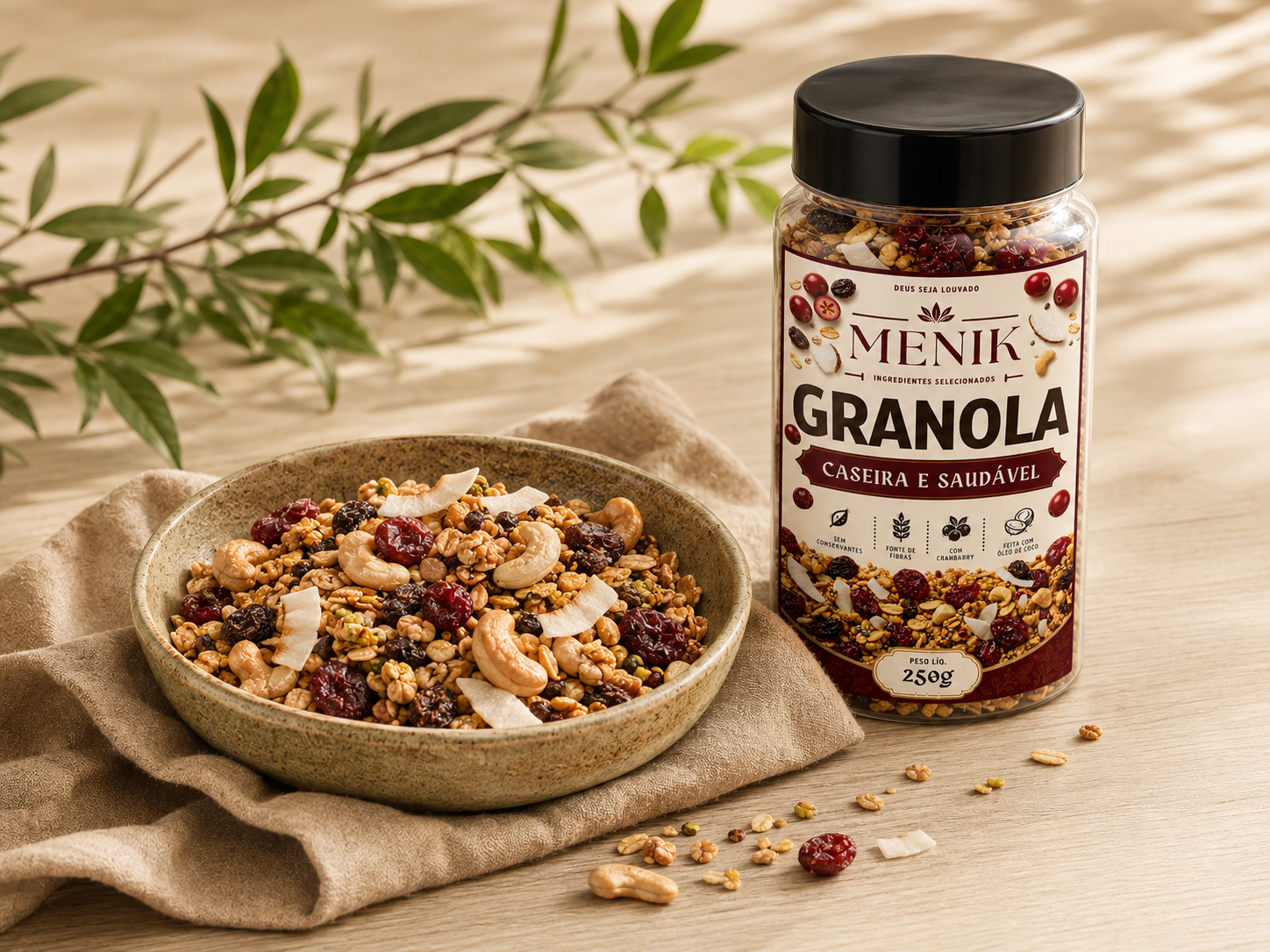 Granola artesanal com aveia, castanhas e frutas em composição editorial