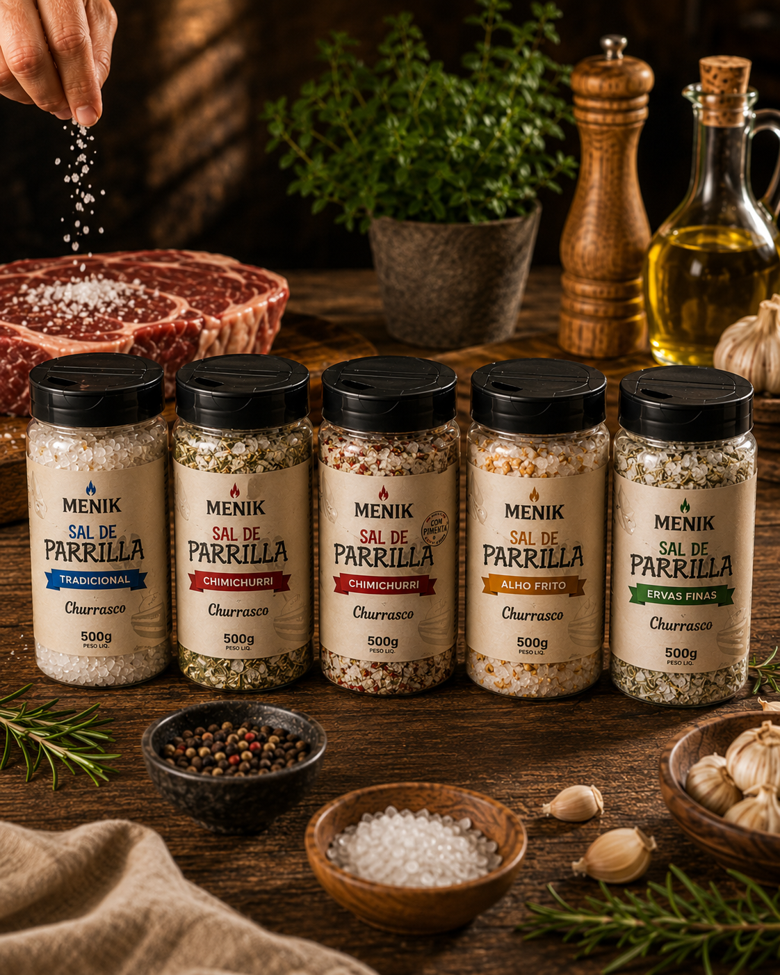 Linha de Sal de Parrilha Menik com cinco sabores para churrasco